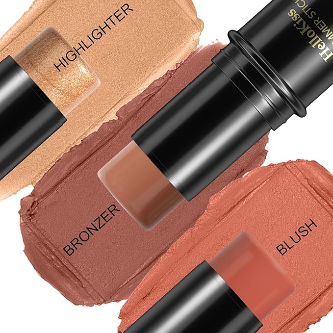 3 Pcs Face Contour Stick Kit, Matte Finish Face Stick Trio with Bronzer Blush Highlighter and Brush, Long Lasting Waterproof Cream Beauty Wand Makeup Set for Sculpt Glowing Face Look (#5, 6, 15)-FemmiqueWomen