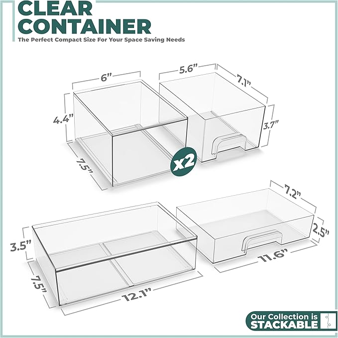 Sorbus Acrylic Storage Containers - 3 Pack, Stackable Storage Bins Set for Bathroom Organization - Clear Acrylic Drawer Organizers - Makeup Case Pull-Out Drawers (4.4’’ Tall and 12.1’’ Wide)-FemmiqueWomen
