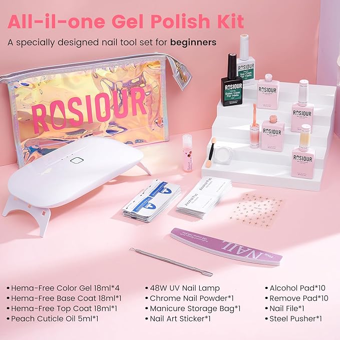 Jelly Gel Nail Polish Kit with U V Light, Hema-Free Milky Jelly White Pink Nude Orange Gel Polish Set with Base & Top Coat Chrome Nail Powder, 4 Colors Mini Salon Nail Art Starter Gift for Women Girl-FemmiqueWomen