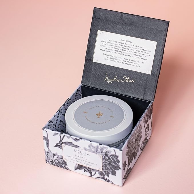 Lollia Elegance Body Butter, 5.5 oz. – White Amber & Mirabelle - Shea Butter & Cocoa Butter, Body Lotion for Women, Hydrating & Smooth Body Moisturizer-FemmiqueWomen