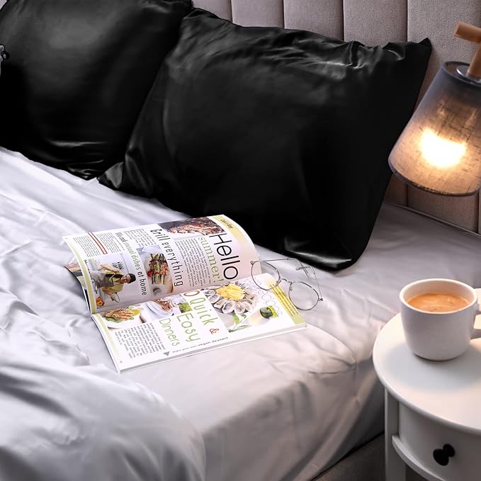 2 Pack Satin Pillowcase with Latent Zipper, Adjustable Satin Eye Mask for Sleeping and Satin Volume Scrunchie for Hair and Skin, Standard Size (Classic Style, Black)-FemmiqueWomen