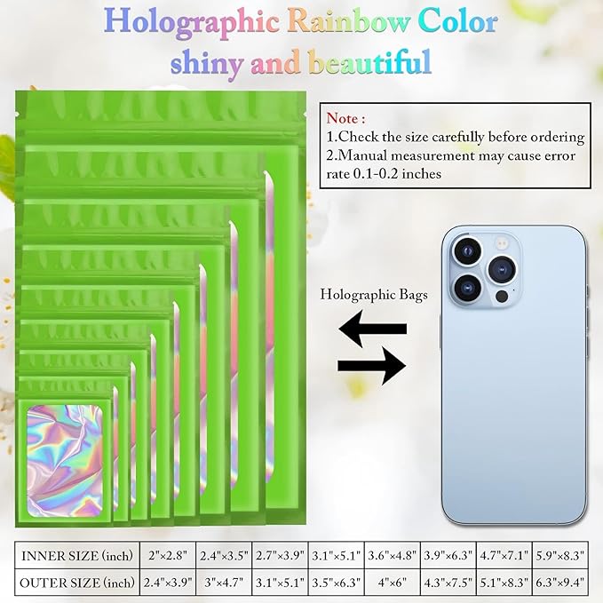 100 Pack Holographic Bags,Smell Proof Packaging Bags, Clear Window Resealable Odor Foil Pouch Mylar Bags for Food Storage and Lipgloss, Jewelry Lash(Green, 2.4 x 3.9 Inch)-FemmiqueWomen