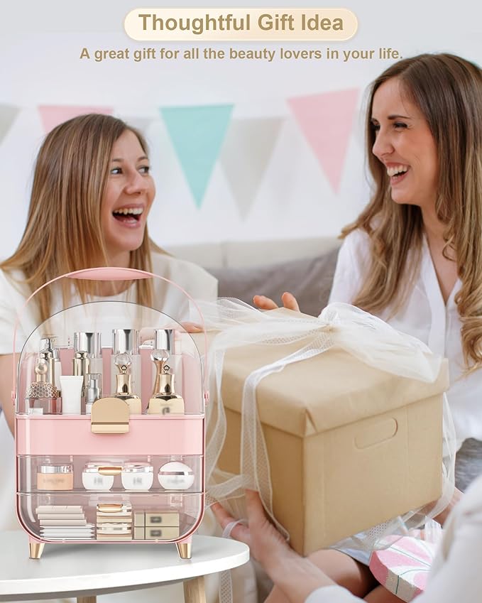 Makeup Organizer, Skincare Holder Bathroom Counter Organizer, Storage Box Cosmetic Display Cases, Teen Girl Gifts Trendy Stuff Make up Organizers for Vanity, Dresser, Countertop (Pink)-FemmiqueWomen