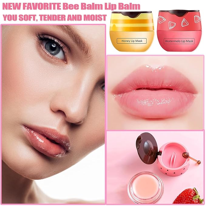 3 PCS Bee Lip Balm Honey Pot, Honey&Strawberry&Watermelon Lip Sleeping Mask Hydrating Prevention Dry and Cracked Lip Scrubs Exfoliator Lip Care, Overnight Lip Mask Reduces Lip Lines-FemmiqueWomen