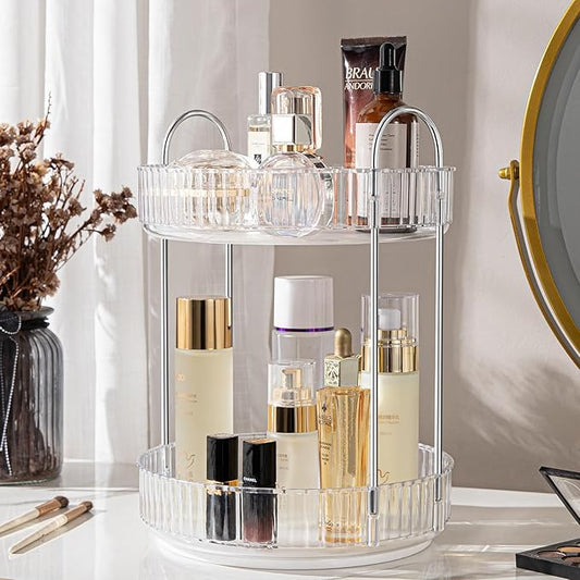 Rotating Makeup Organizer, 360° Spinning Makeup Storage Holder Rack, Dresser Bathroom Organizer Countertop, Large Capacity Perfume Skincare Lipstick Organizer for Vanity.(2 Tiers, Transparent)-FemmiqueWomen
