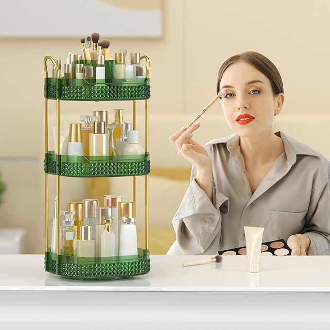 Rotating Makeup Organizer for Vanity 3 Tier, Perfume Organizer with Makeup Brush Holder, Large Capacity Cosmetics Clear Skincare Organizer for Countertop (Green)-FemmiqueWomen