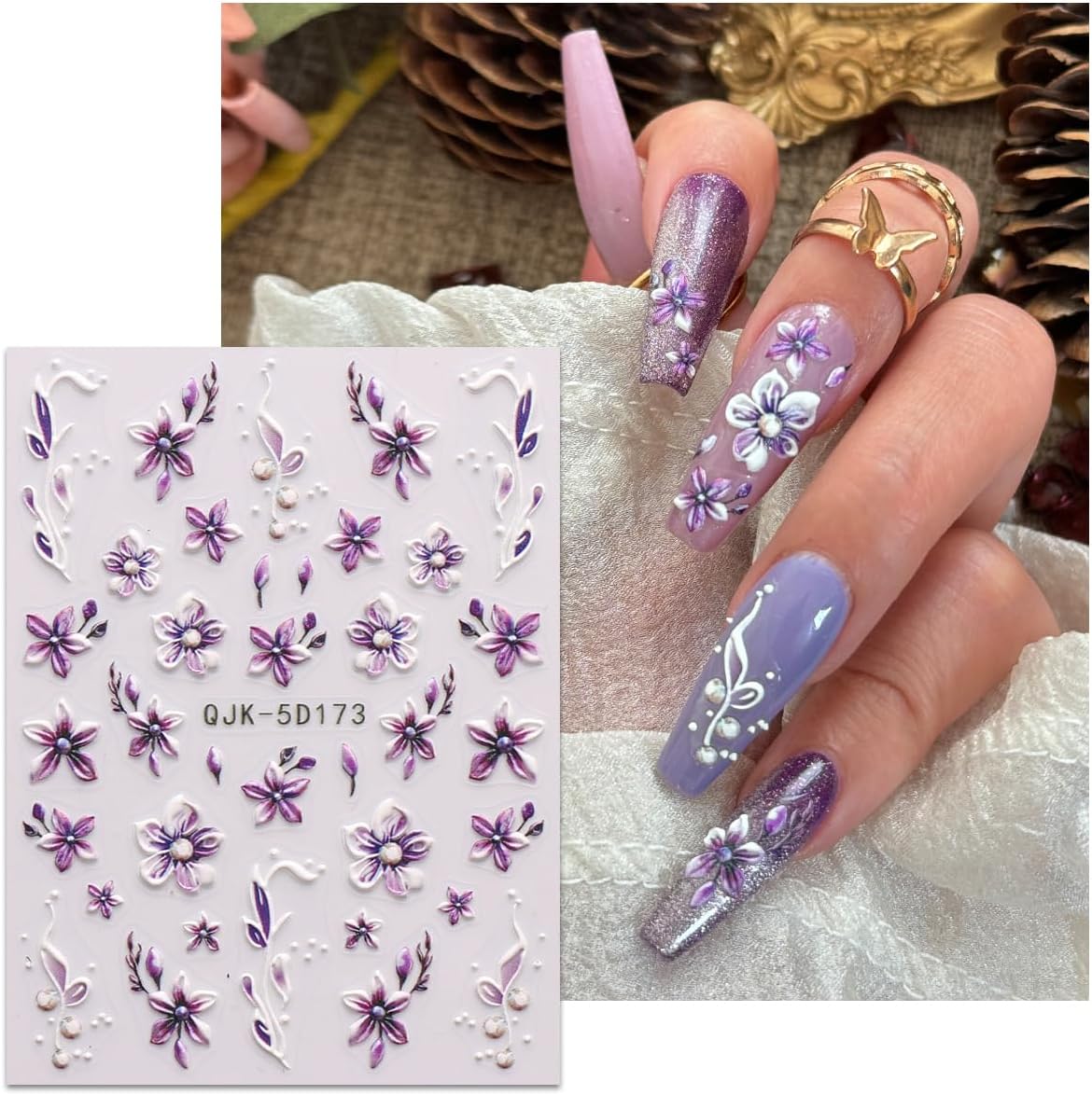 JMEOWIO 3D Embossed Flower Nail Art Stickers Decals Self-Adhesive 5D Spring Summer Floral Nail Supplies Nail Art Design Decoration Accessories 4 Sheets-FemmiqueWomen