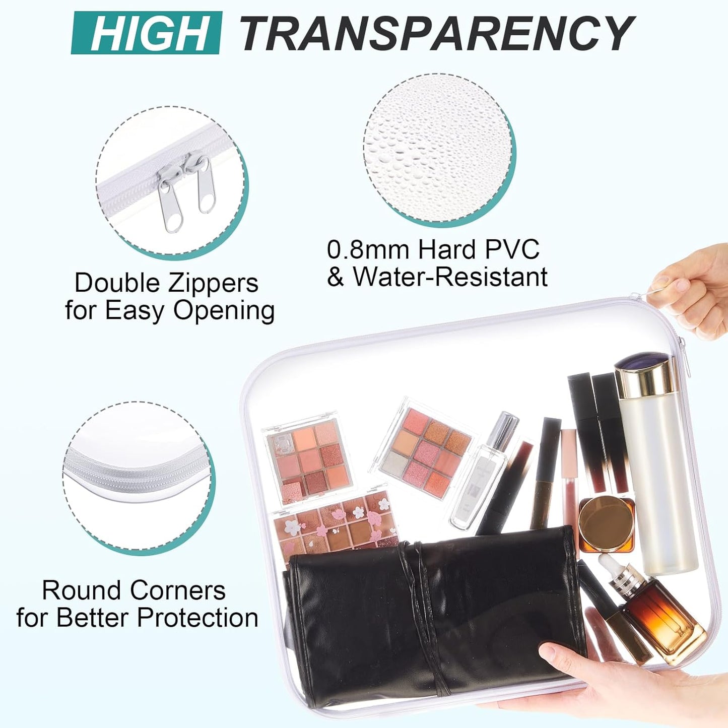 Hoolerry 3 Pcs Clear Hard Zipper Case Plastic Pouch Transparent Hard Case Clear Makeup Bag Portable Travel Organizer Bin for Cosmetics, Building Blocks, Puzzles(White,L)-FemmiqueWomen