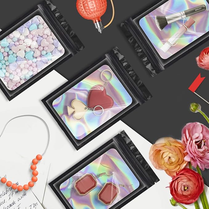 100 Pieces Smell Proof Mylar Bags, Holographic Packaging Bags, Resealable Odor Foil Pouch Zipper Bag with Clear Window for Food Storage and Lipgloss, Jewelry Lash (Black, 4 x 6 Inch)-FemmiqueWomen