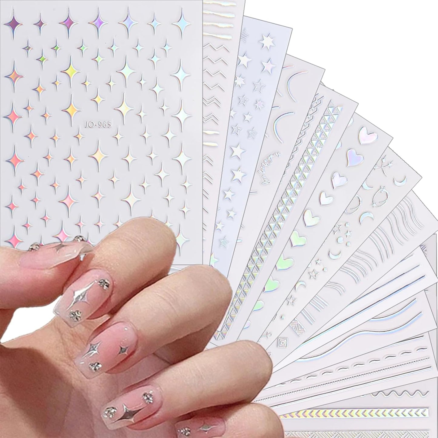 12 Sheets Star Nail Stickers Decals Silver Heart Nail Stickers Geometric Line Nail Decals for Nail Art 3D Self Adhesive Holographic Stripe Nail Designs for Women Nail Art Supplies Decorations-FemmiqueWomen