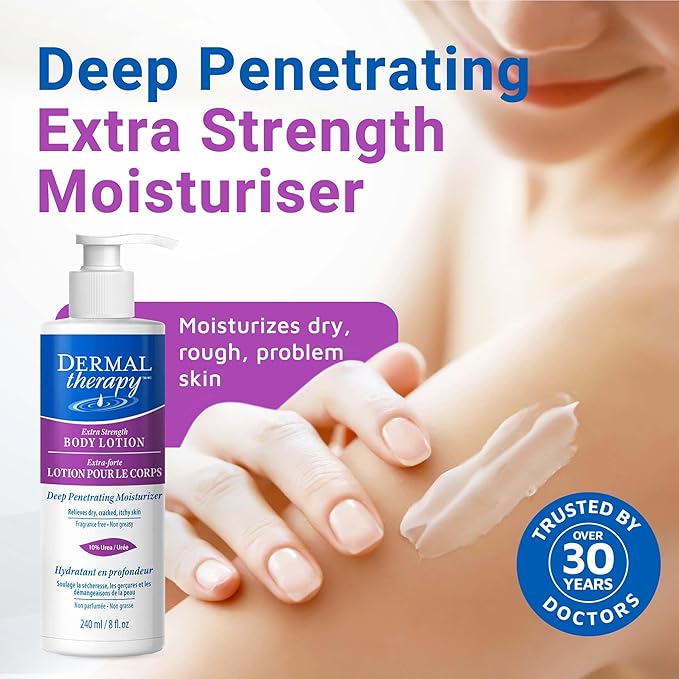 Dermal Therapy Extra Strength 5% AHA 10% Urea Body Lotion - Healing for Extremely Dry, Cracked Skin - Fragrance-Free - Sensitive Skin, Diabetes & Medication-Induced Dryness - 8 fl oz / 240 ml-FemmiqueWomen