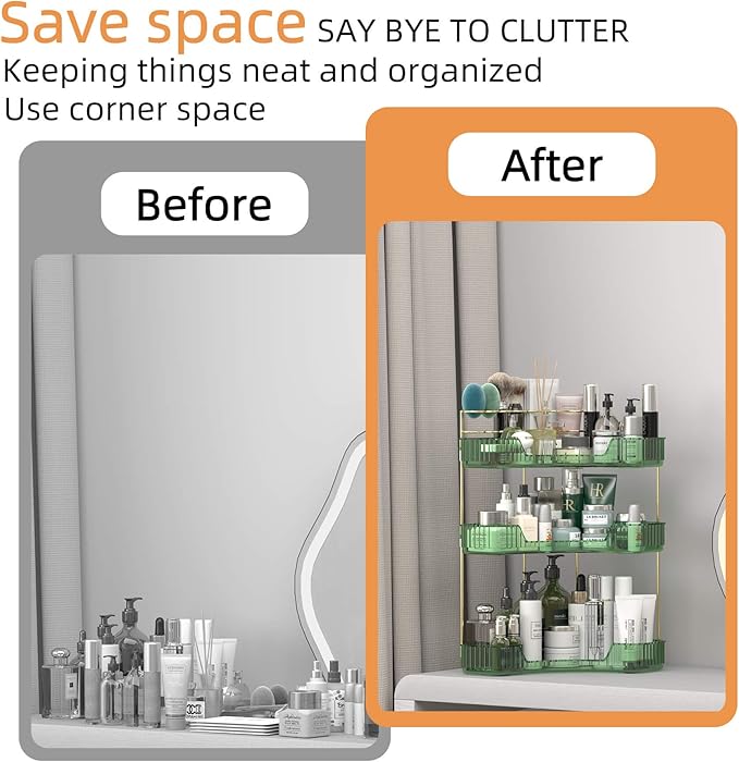 3 Tier Corner Bathroom Organizer Countertop, Vanity Makeup Organizer with Brush Holder, Space-Saving Skincare Storage Corner Shelf for Bathroom, Dressing Table, Kitchen-FemmiqueWomen