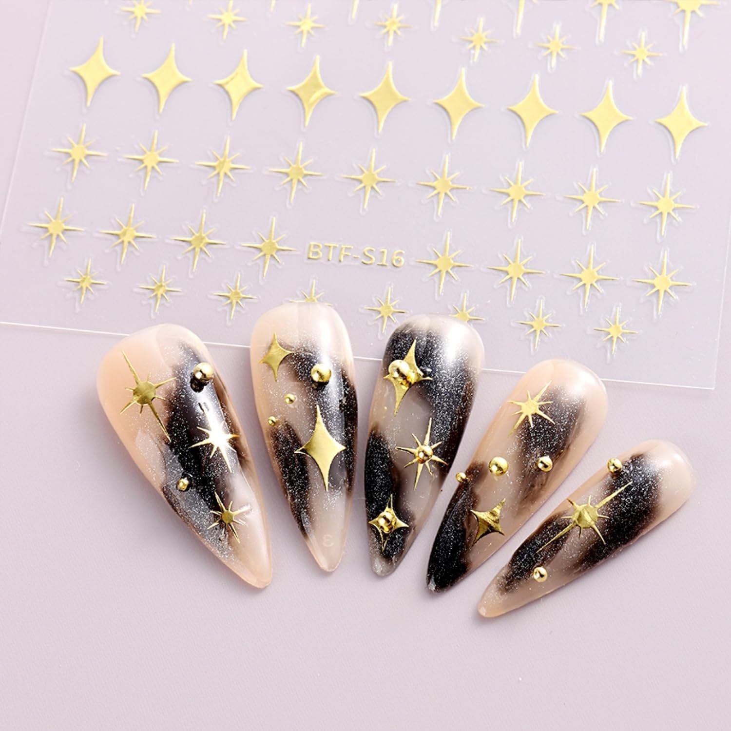 3D Self-Adhesive Star Nail Art Stickers - 12 Sheets Silver Gold Black White Decals for Acrylic Nails - Nail Design Supplies for Women Girls-FemmiqueWomen