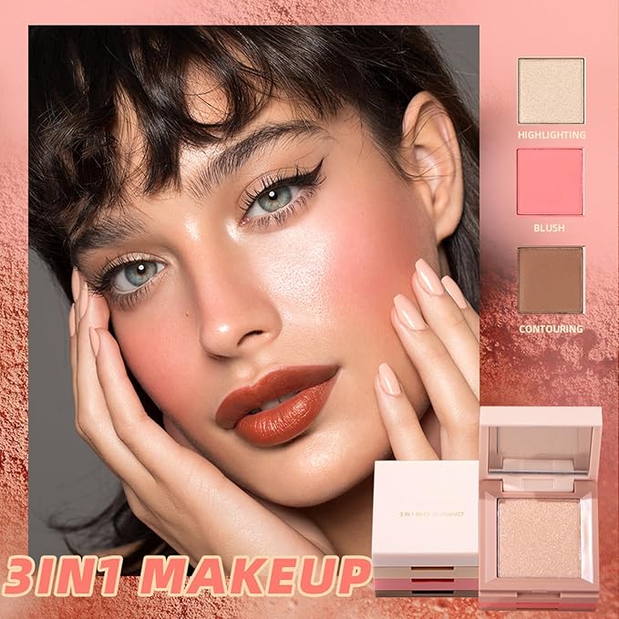 3 in 1 Contour Highlighter Blush Makeup Palette, Shimmer Matte 3 Colors Pigmented Brighten Highlighting Bronzer Blusher Eyeshadow Pallet, Long Lasting Shaping Full Face Eyes Makeup kit with Mirror-FemmiqueWomen