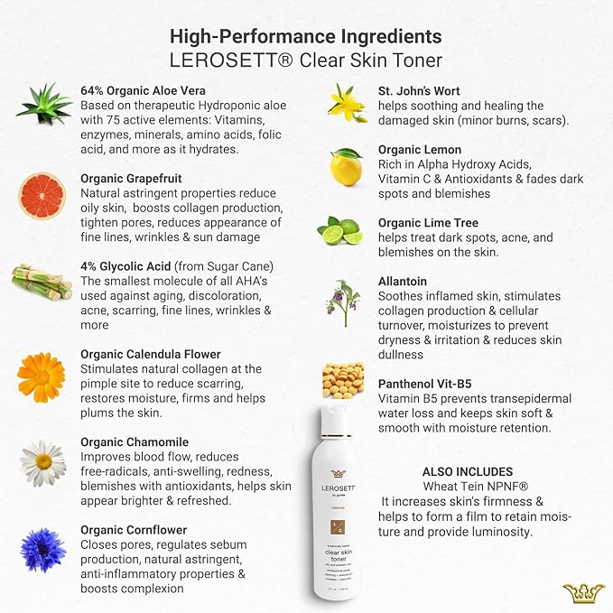 LEROSETT Toner for Clear Skin, Aloe Vera Based Toner with Glycolic Acid & 10 Calming Botanicals Helps Reduce Irritation, Future Blemishes, Blackheads, and Tightens Pores, Natural, Vegan - 6.7 oz-FemmiqueWomen