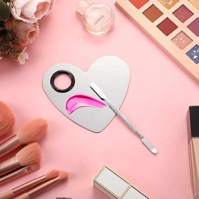 2 Pcs Stainless Makeup Mixing Palette,Tool for Mixing Foundation Nail-Art,Palette with A Stick,Storage Bag,Beauty Salon Color Cream Mixing Palette,Makeup Artist,Makeup Enthusiast (Heart Shaped)-FemmiqueWomen