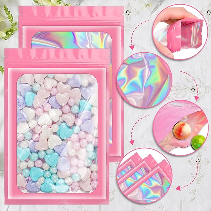100 Pack Holographic Bags, Resealable Bags Packaging Bag with Clear Window Resealable Odor Foil Pouch for Food Storage, Lipgloss&Jewelry Lash Packaging(Pink, 2.4 x 3.9 Inch)-FemmiqueWomen