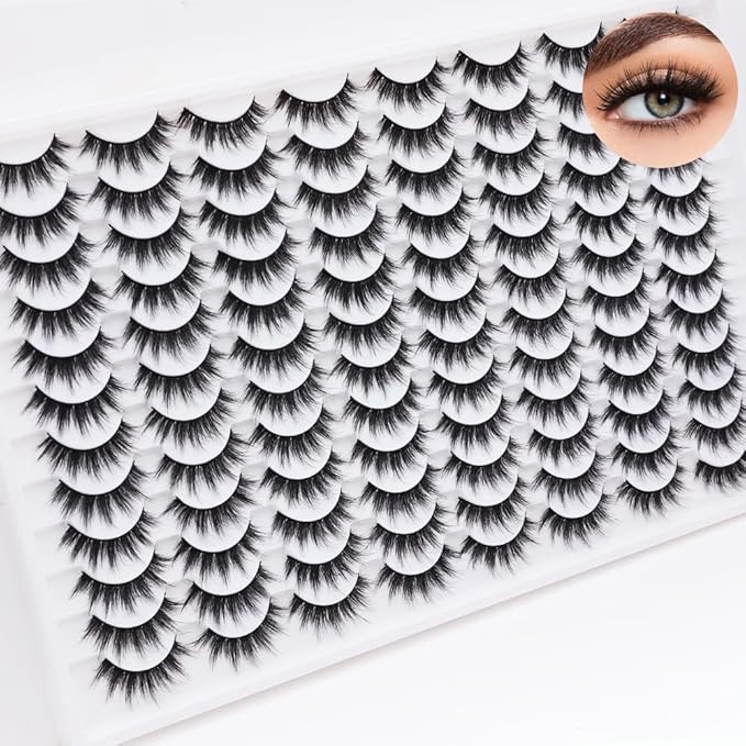 False Eyelashes 48 Pairs Faux Mink Lashes 14mm Wispy Lashes 3D Fluffy Cat Eye Lashes Pack Bulk Wholesale Strip Lashes(style 48-035)-FemmiqueWomen
