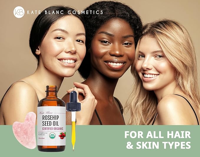 Kate Blanc Cosmetics Rosehip Oil for Face with Pink Gua Sha Stone (1oz, Organic, Pure, Cold Pressed) Rosehip Seed Face Oil for Gua Sha Massage-FemmiqueWomen