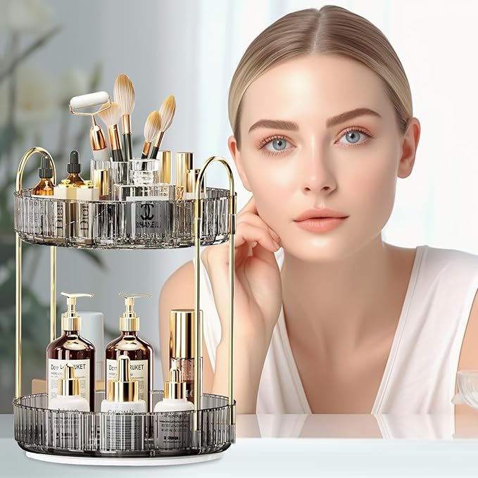 360° Rotating Makeup Organizer, Large-Capacity Skincare Make Up Storage 2 Tier Perfume Organizers Cosmetic Dresser Organizer with Makeup Brush Holder, Fits Bedroom, Bathroom, Vanity Shelf Countertop-FemmiqueWomen