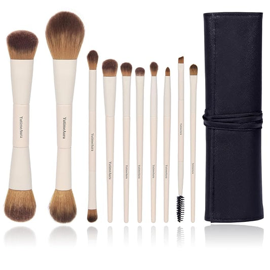 Makeup Brush Set 10pc, Dual-Ended Makeup Brushes For Bronzer, Contour, Eyeshadow, Blush, Concealer & Foundation Application-FemmiqueWomen