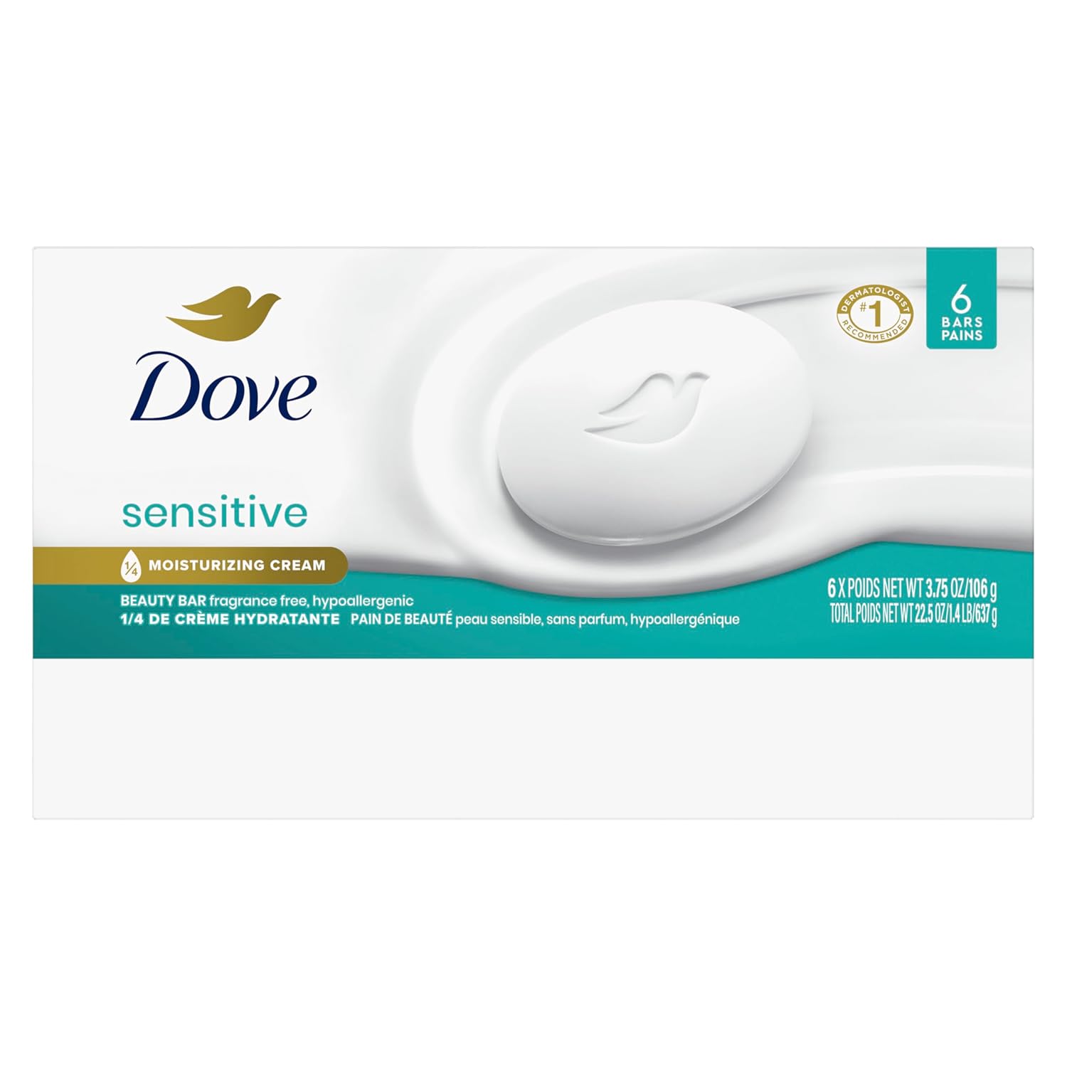 Dove Beauty Bar Soap Sensitive, 6 Bars for Sensitive Skin, Fragrance Free and Hypoallergenic 3.75 oz-FemmiqueWomen