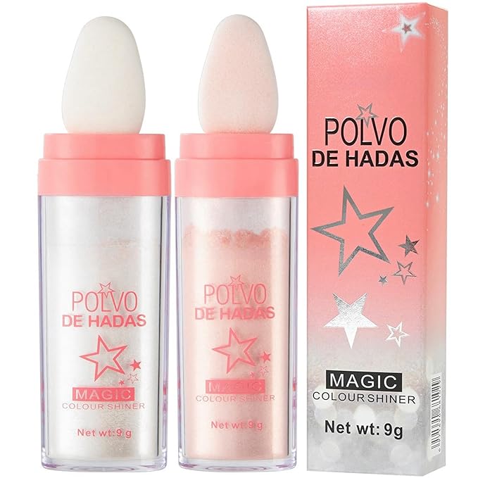2PCS Polvo De Hadas Fairy Dust Highlight Patting Powder - Full Body Contouring and Clavicle Pearlescent Patting Powder for Face and Eye, Christmas Sparkling Body Glitter (#01 White & #02 Pink)-FemmiqueWomen
