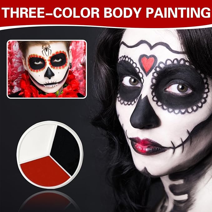 3 Colors Black White Red Face Body Paint Clown Makeup Palette Professional Face Paint for Halloween Cosplay Sfx Joker Zombie Vampire Makeup-FemmiqueWomen