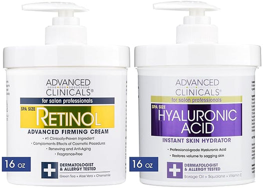 Advanced Clinicals Retinol Cream + Hyaluronic Acid Lotion Face & Body Skin Care. Anti Aging Dry Skin Rescue Creams Reduce Appearance Of Wrinkles, Fine Lines, & Sagging Skin, 16 Oz (Pack of 2)-FemmiqueWomen