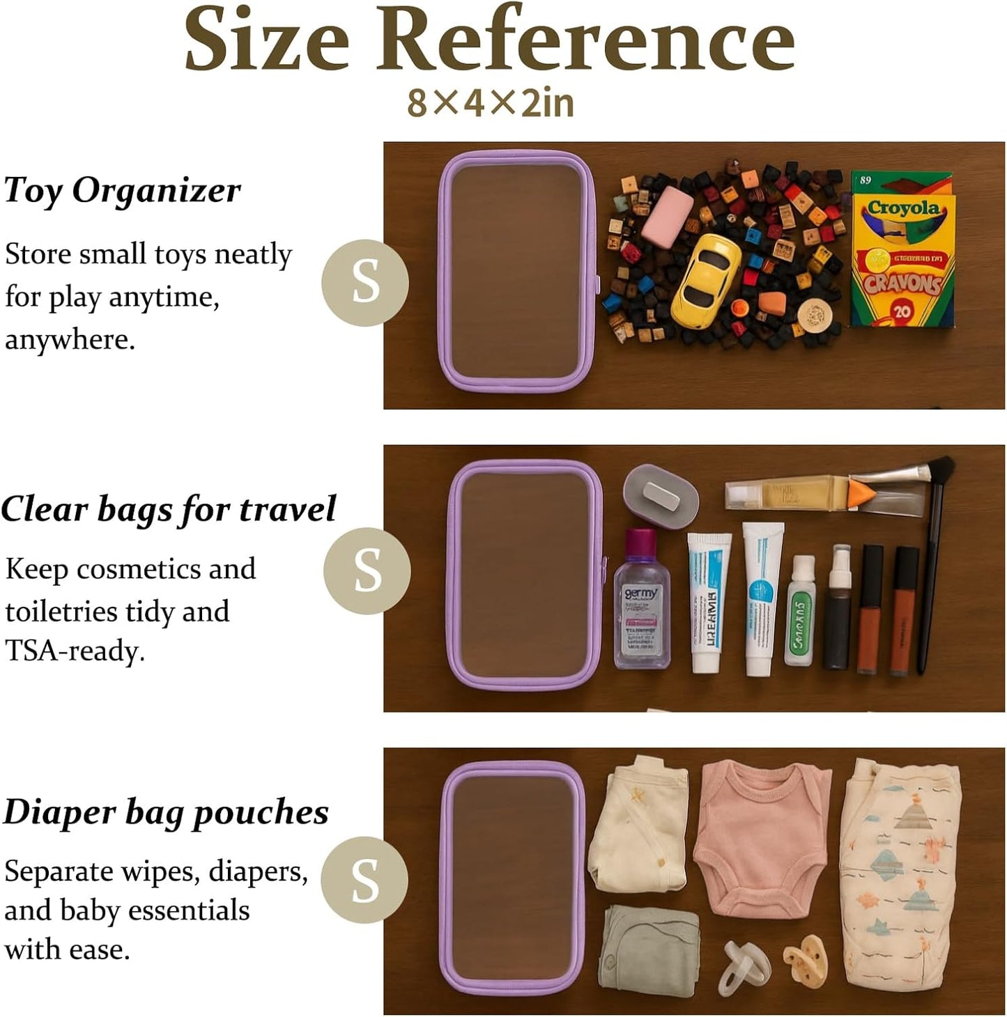 4 pcs Clear Zipper Pouches,Hard Shell Zipper Case, Toiletry Bag for Travel, CLear Diaper Bag, Toiletry Pouch, Travel Organizer, Clear Cosmetic Bag,Toy Storage Bins (M+3S) (Lavender)-FemmiqueWomen