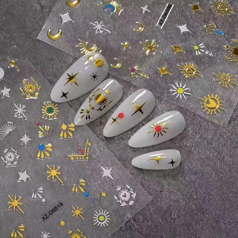 20 Sheets Gold Nail Stickers Star Moon Nail Art Stickers 3D Embossed Self Adhesive Nail Decals Flower Butterfly Heart Nails Design Nail Art Decals for Women Manicure DIY Decoration-FemmiqueWomen