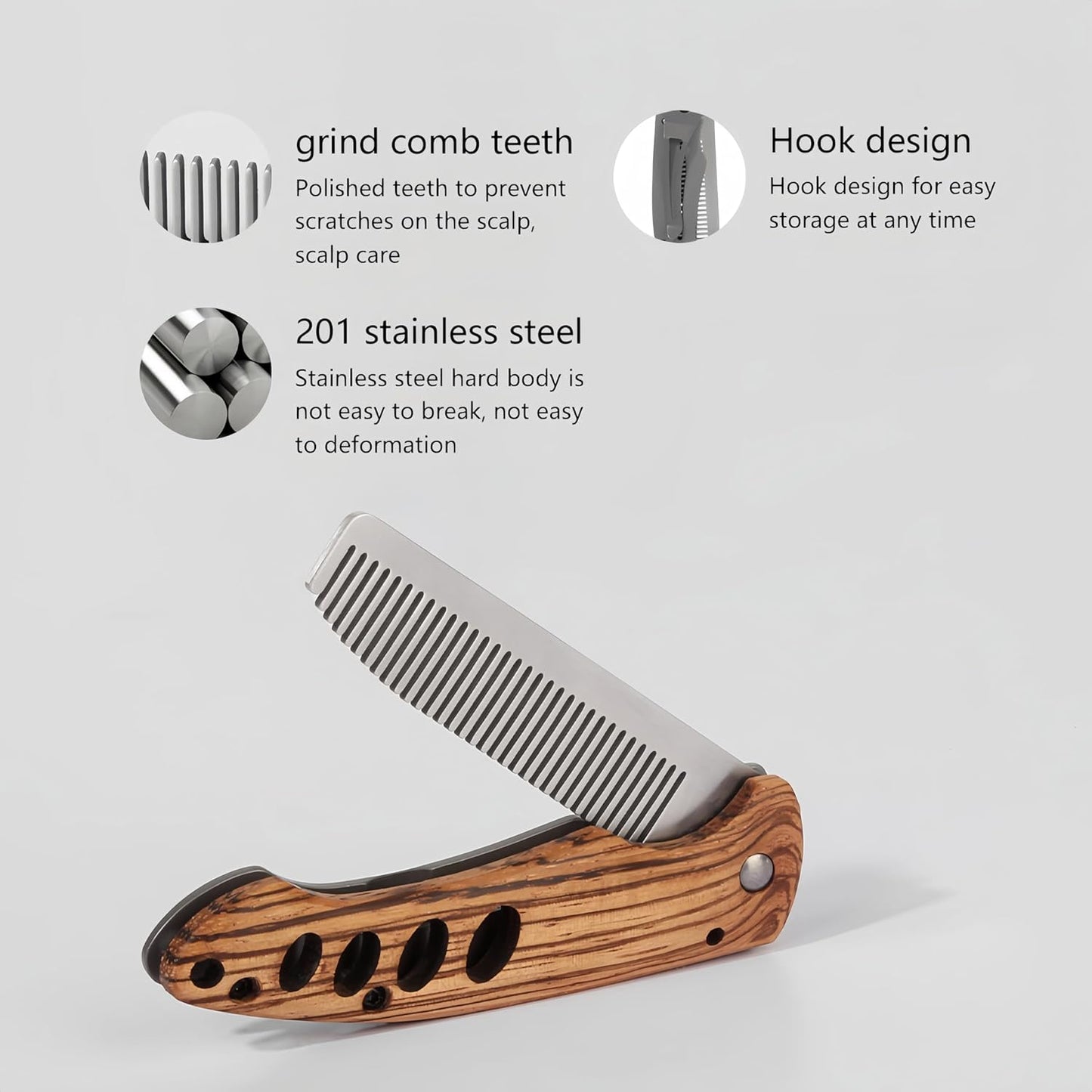 1PC Folding Pocket Beard & Hair Comb for Men - Stainless Steel Tactical Grooming Tool with Wooden Handle, EDC Pocket Comb with 180° Rotatable for Travel & Daily Styling-FemmiqueWomen