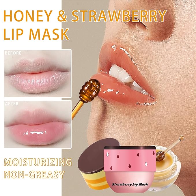 2PCS Bee Lip Balm Honey Pot, Honey Strawberry Lip balm Lip Mask with Stick, Moisturizing Lip Sleeping Mask Day & Night Lip Care - Hydrate Repair Prevent Dry Cracked Exfoliate (Honey & Strawberry)-FemmiqueWomen
