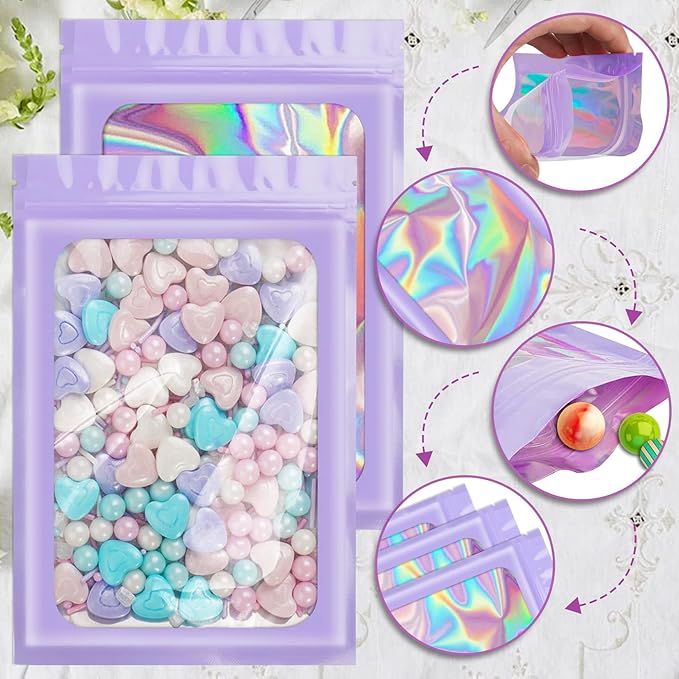 100 Pieces Smell Proof Mylar Bags, Holographic Packaging Bags, Resealable Odor Foil Pouch Zipper Bag with Clear Window for Food Storage and Lipgloss, Jewelry Lash (Purple, 3 x 4.7 Inch)-FemmiqueWomen