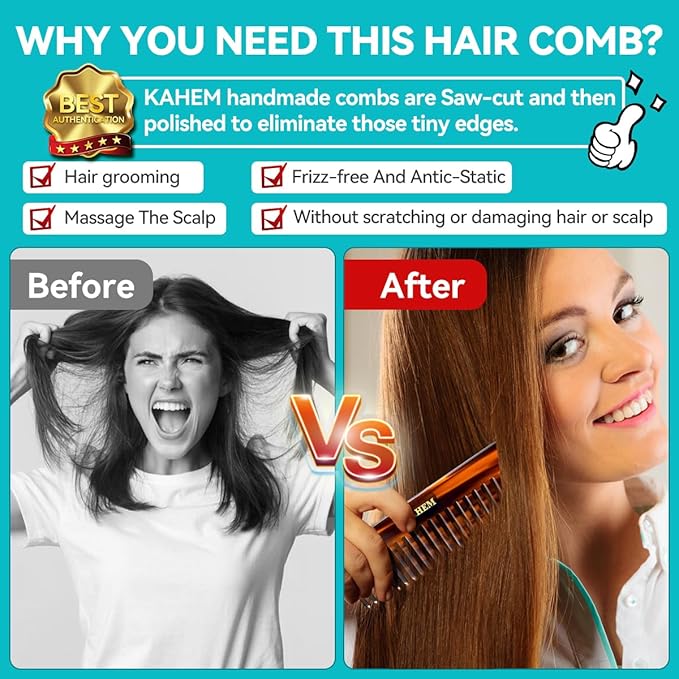 2-Piece Set Handcrafted Acetate Wide Tooth Combs - 6.29" Premium Detangler for Women, Men & Kids, Ideal for Curly, Long & Short Hair - Professional Quality for Wet/Dry Use-FemmiqueWomen