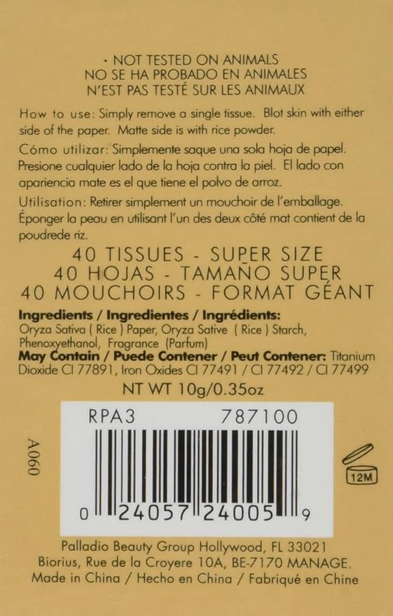 Palladio Rice Paper Facial Tissues for Oily Skin, Face Blotting Sheets Made from Natural Rice, Oil Absorbing Paper with Rice Powder, 2 Sided, Instant Results, Natural, 40 Count, Pack of 1-FemmiqueWomen