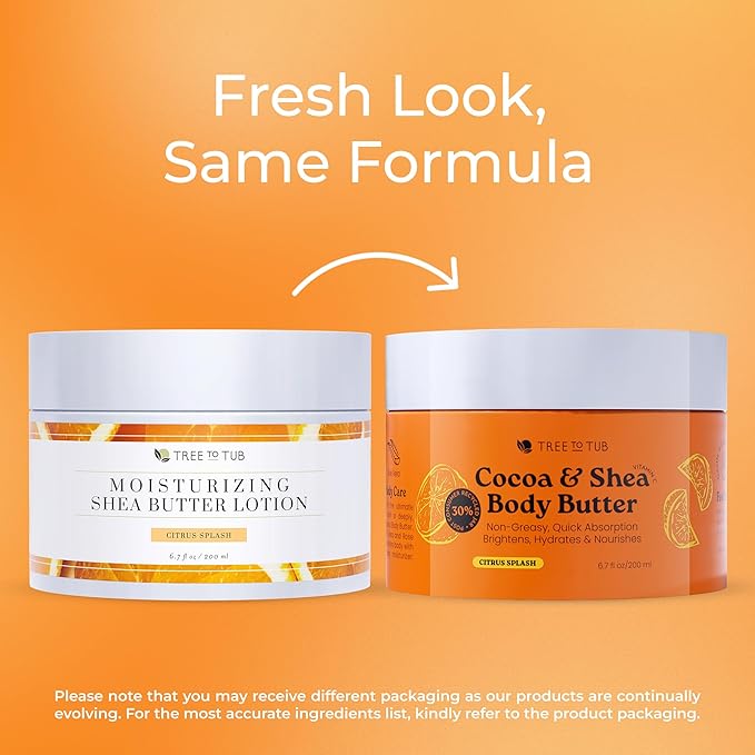 Tree to Tub Shea Body Butter for Dry, Extremely Dry, Sensitive Skin - Moisturizing Body Cream for Women & Men, Hydrating Body Lotion Moisturizer w/Vitamin C, Organic Cocoa, Citrus Scent-FemmiqueWomen