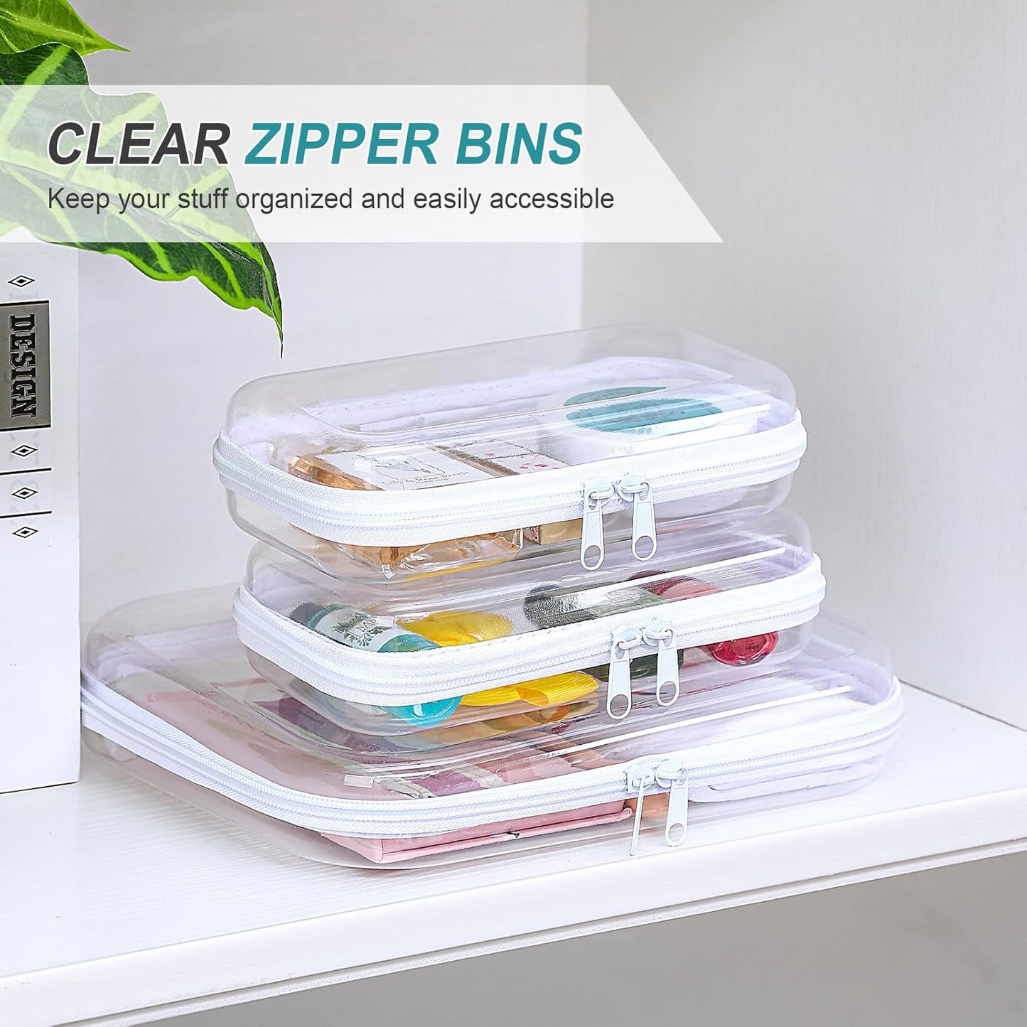 Hoolerry 3 Pcs Clear Hard Zipper Case Plastic Pouch Transparent Hard Case Clear Makeup Bag Portable Travel Organizer Bin for Cosmetics, Building Blocks, Puzzles(White,Mss)-FemmiqueWomen