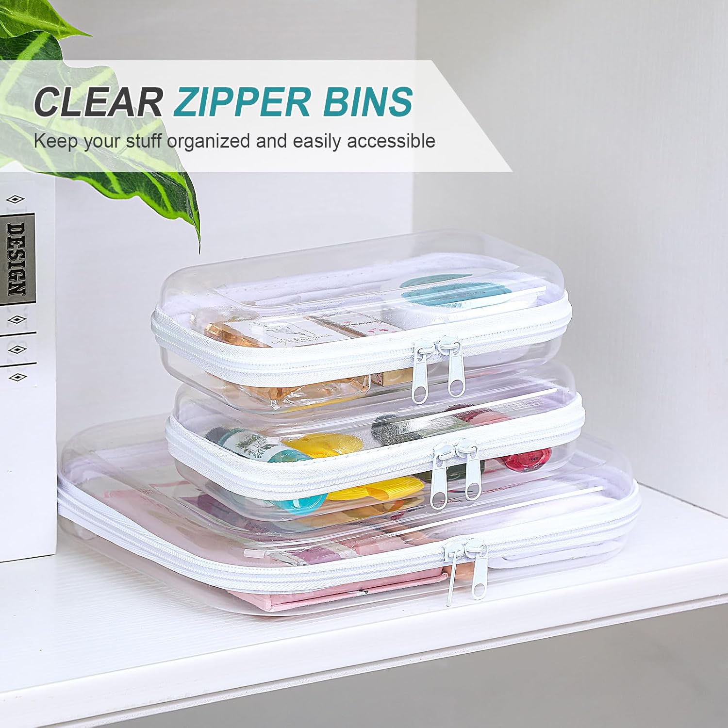 Hoolerry 3 Pcs Clear Hard Zipper Case Plastic Pouch Transparent Hard Case Clear Makeup Bag Portable Travel Organizer Bin for Cosmetics, Building Blocks, Puzzles(White,Mss)-FemmiqueWomen