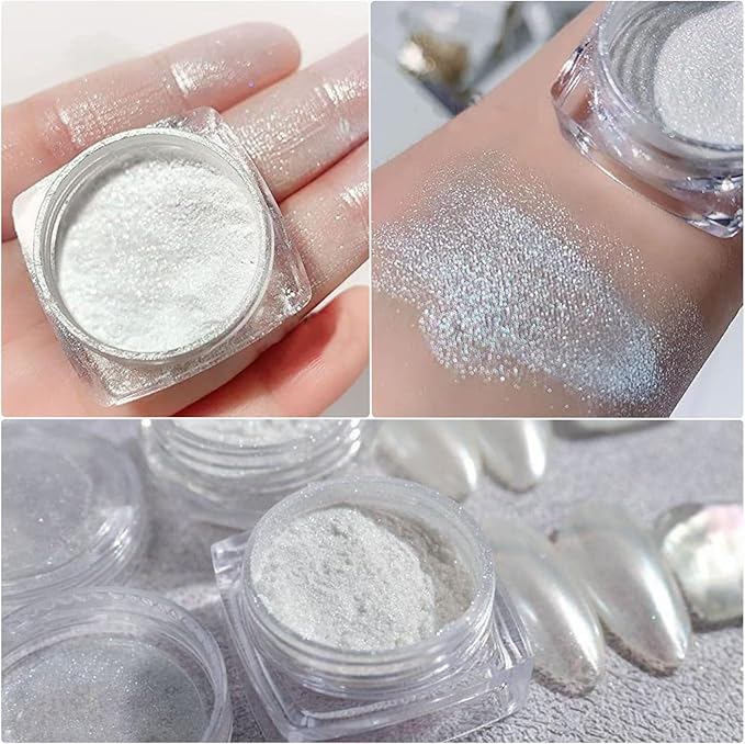 2Pcs Pearl Chrome Nail Powder - Ice Transparent Aurora, White Chameleon Iridescent Pigment for Nails - High Gloss Pearlescent Glitter (2pc White)-FemmiqueWomen