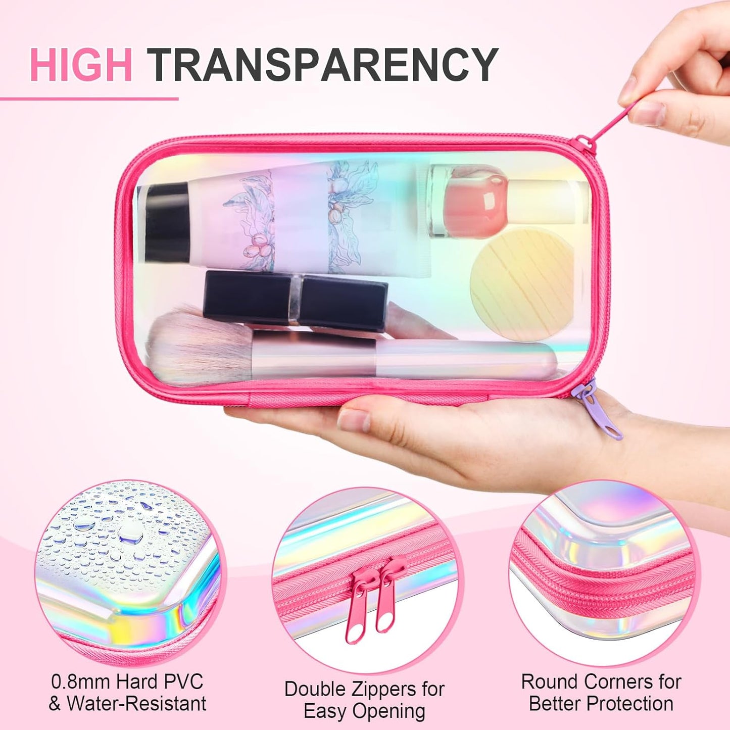 Hoolerry 4 Pcs Hard Clear Zipper Case Makeup Bags Plastic Pencil Pouch Transparent Storage Box Containers for Cosmetics, Snacks, Building Blocks, Puzzles(Pink Laser,7.5 x 3.9 x 2 in)-FemmiqueWomen