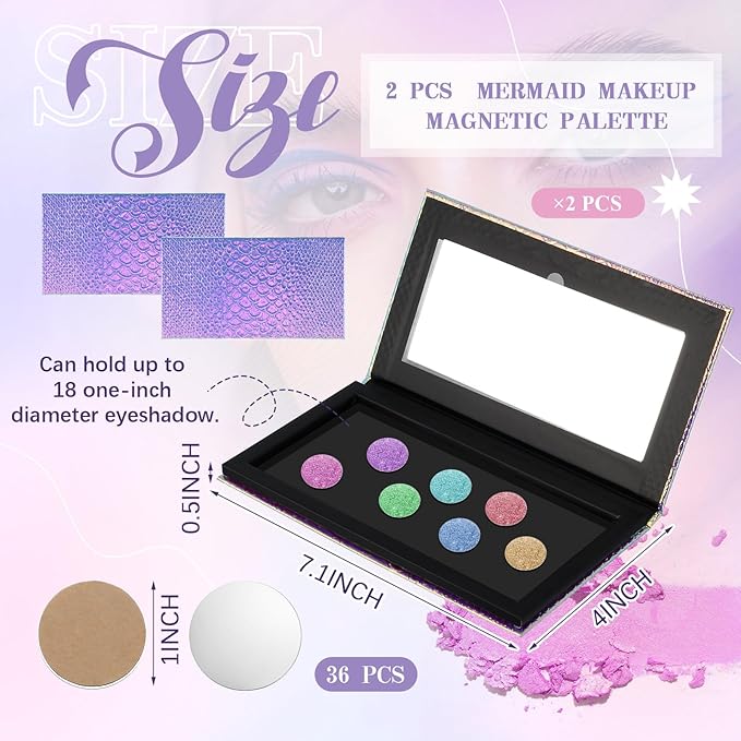 2 Pieces Magnetic Palette Mermaid Empty Palette with Mirror and 36 Pcs Adhesive Metal Empty Palette Stickers Large Mermaid Makeup Empty Palette for Eyeshadow Lipstick Blush Powder-FemmiqueWomen