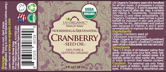 US Organic Cranberry Seed Oil, USDA Certified Organic,100% Pure & Natural, Cold Pressed Virgin, Unrefined in Amber Glass Bottle w/Glass Eyedropper for Easy Application (1 oz (30 ml))-FemmiqueWomen