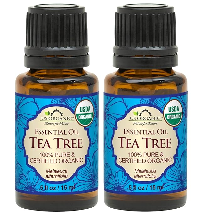 US Organic 100% Pure Tea Tree Essential Oil, Steam Distilled, USDA Certified Organic, for Hair, Skin, Scalp, Foot, Toenails, and More. Sourced from South Africa, Undiluted, Non-GMO (15 ml, 2 Pack)-FemmiqueWomen
