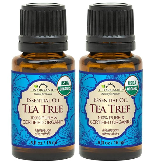 US Organic 100% Pure Tea Tree Essential Oil, Steam Distilled, USDA Certified Organic, for Hair, Skin, Scalp, Foot, Toenails, and More. Sourced from South Africa, Undiluted, Non-GMO (15 ml, 2 Pack)-FemmiqueWomen