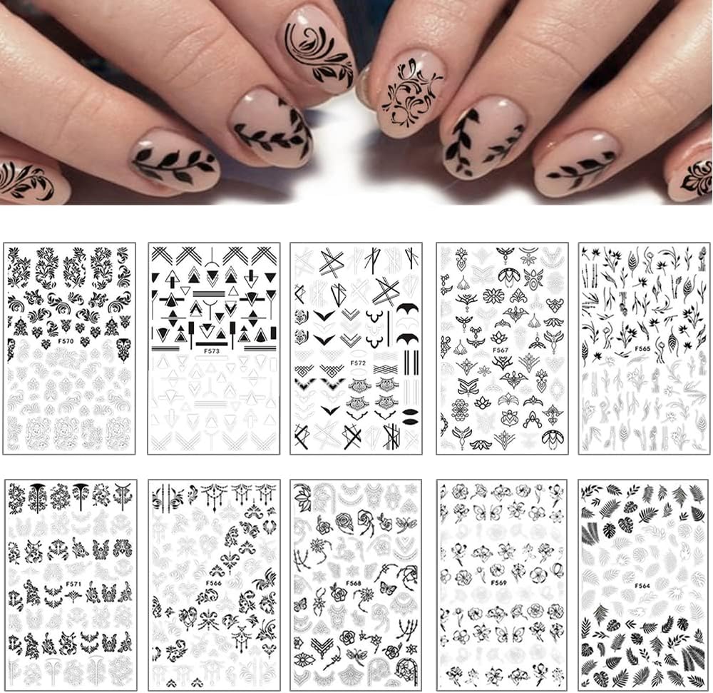 10 Sheets Black White Leaves Flower Nail Art Stickers 3D Self-Adhesive Retro Floral Vine Pattern Nail Decals Tropical Plants Mandala Leaf Geometry Transfer Decals Nail Art Decorations for Women Girls-FemmiqueWomen