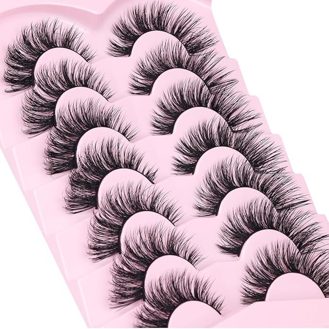 Mink Lashes False Eyelashes Natural Look Wispy Cat Eye Flat Lashes 3D Mink Lashes Natural Fake Lashes 18mm Strip Lashes Pack 7 Pairs-FemmiqueWomen