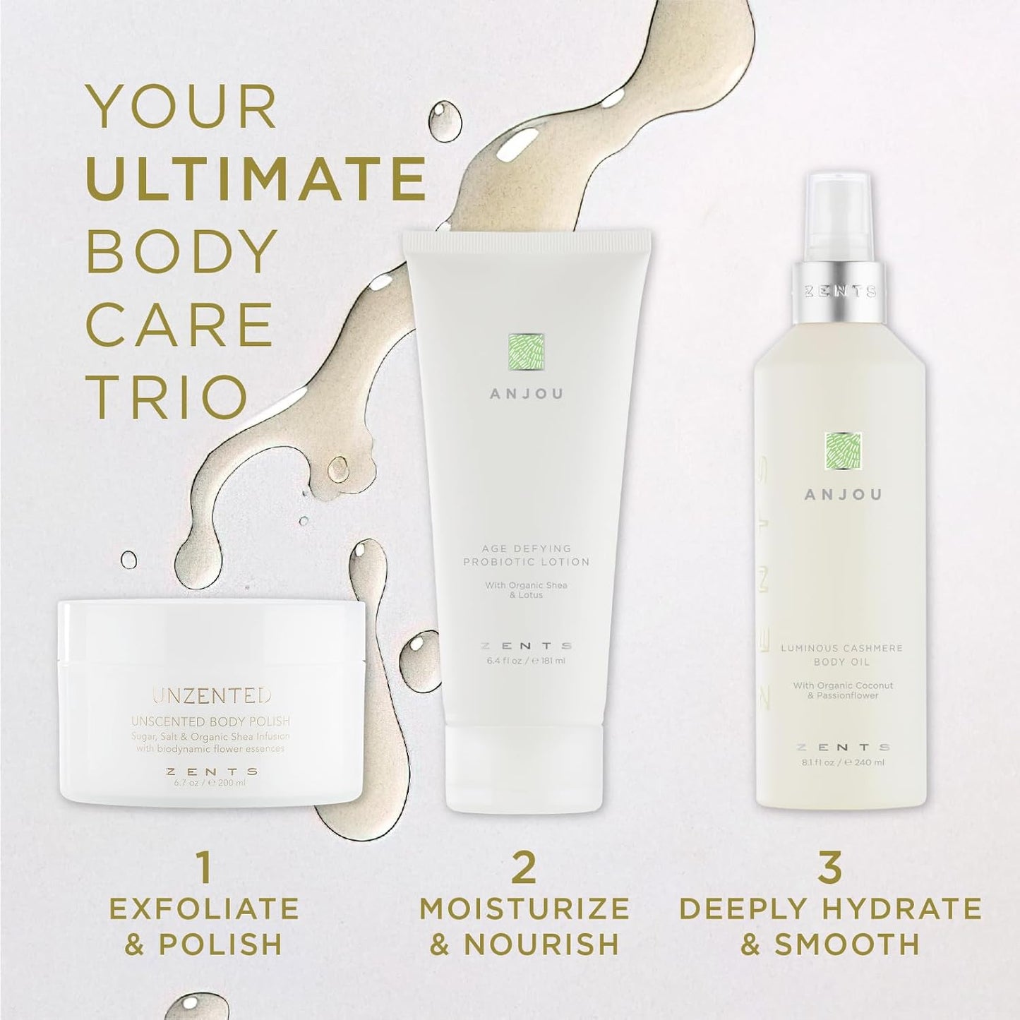 Zents Luminous Cashmere Body Oil (Anjou Fragrance) | Moisturizing Body Oil with Vitamin E & Organic Coconut Oil | Softens & Smooths Skin | 8 fl oz-FemmiqueWomen