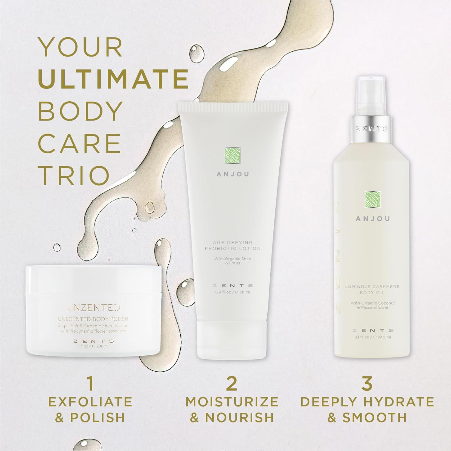 Zents Luminous Cashmere Body Oil (Anjou Fragrance) | Moisturizing Body Oil with Vitamin E & Organic Coconut Oil | Softens & Smooths Skin | 8 fl oz-FemmiqueWomen