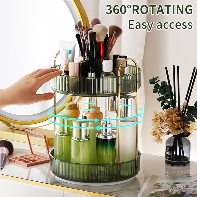 360° Rotating Makeup Organizer, Large-Capacity Skincare Make Up Storage 2 Tier Perfume Organizers Cosmetic Dresser Organizer with Makeup Brush Holder, Fits Bedroom, Bathroom, Vanity Shelf Countertop-FemmiqueWomen